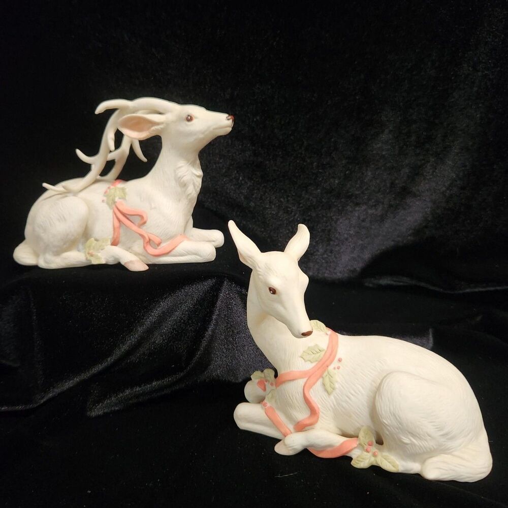 Porcelain Deer Fleeting Glance Figurines Set 2  Enesco Artist Santiago VTG READ